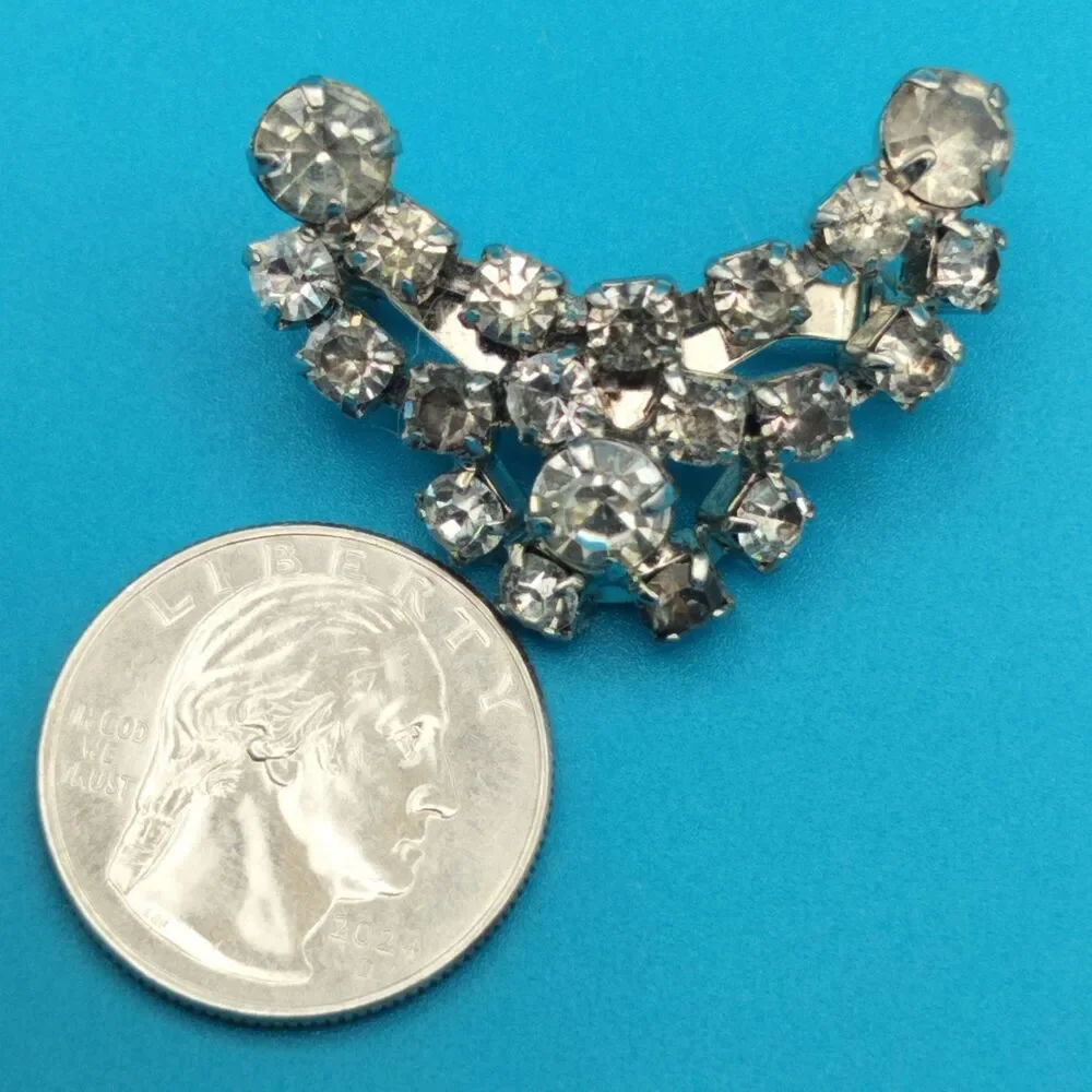 Vintage Clear Rhinestone Crescent Brooch Pin 1.5